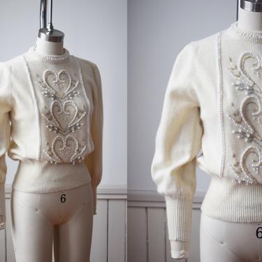 1980s Pearly Angora Sweater | S | Vintage 1970s/1980s Cream Angora Fuzzy Sweater with Pearl and Bead Accents | Heart Motif | Puff Sleeves 