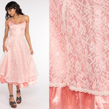 Pink Lace Dress 80s Prom Dress Party Satin Spaghetti Strap Midi Sweetheart Neckline 1980s Bridesmaid Cocktail Vintage Formal Small S 