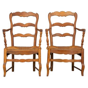 Antique Pair of Country French Provincial Maple Armchairs W/ Rush Seats 