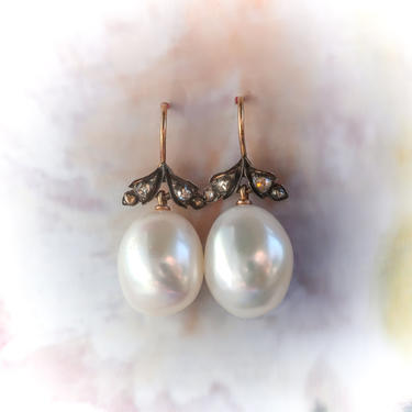 Edwardian Rose Cut Diamond and Baroque South Sea Cultured Pearl Drop Earrings 14K and Silver 