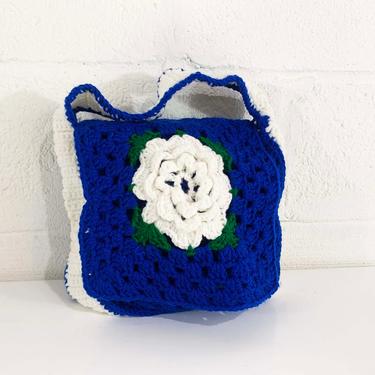 Vintage Handmade Knitting Bag Handbag Crochet Tote Woven Royal Blue Navy White Green Large Totebag Storage Mid-Century Retro Canvas Weave 
