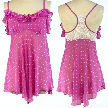 Pink Polka Dot Chiffon Slip Dress w\/ Ruffles