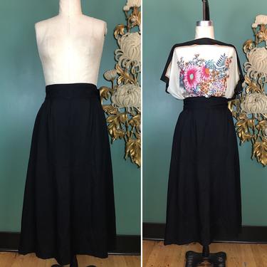 1970s full skirt, high waist, vintage 70s skirt, black rayon, tie back, size small, mid length, 27 waist, gathered, classic, basic, Alice 