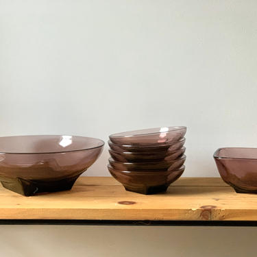 Vintage Hazel Atlas Amethyst Glass Bowl Set, Purple Glass Serving Bowl Set 