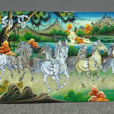 Unique Asian Picture of Running Horses in Mother of Pearl w Black Laquer Signed 