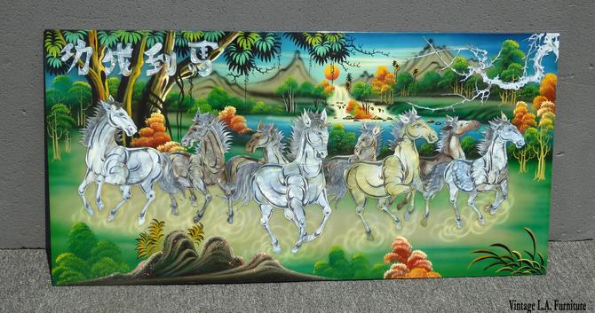 Unique Asian Picture of Running Horses in Mother of Pearl w Black Laquer Signed 