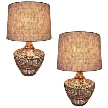 Large Split Rattan Wicker Wrapped Basket Weave Table Lamp Pair, w/ Shades 