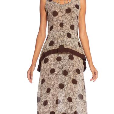 1930S Cream  Brown Silk Chiffon Abstracted Polka Dot Print Dress 