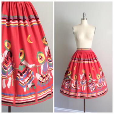 50s RARE Red Mexican Musicians Sombrero Border Print Cotton Full Skirt / 1950s Vintage Novelty Print Skirt / Medium / 26 inch waist 