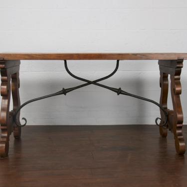 19th Century Spanish Baroque Style Mahogany Farm Dining Table With Wrought Iron Stretcher 