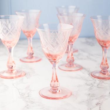 Vintage Pink Depression Etched Sherry Glassware - Set of 6