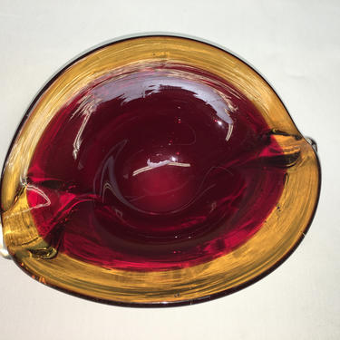 Vintage Murano Red Orange Studio Art Glass Dish Bowl Mid Century Modern Italy 
