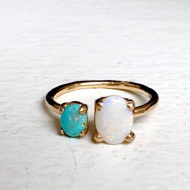 Opal and Turquoise Dual Stone Ring in 14k Yellow Gold Handmade Double stone Ring 