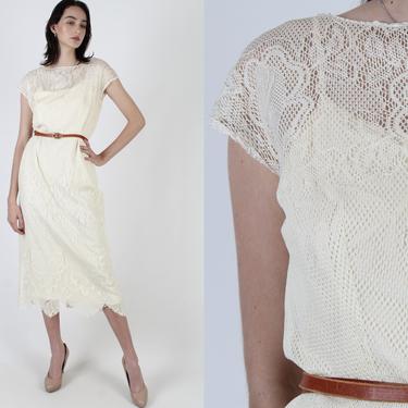Vintage 80s Cream Floral Lace Dress Sheer Scallop Hem Dress Asym Hanky Hemline Dress Solid Color See Through Net Party Maxi Dress by americanarchive