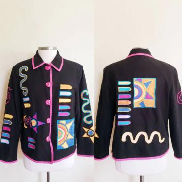 1980s Black Jacket Colorful Sun Stars Applique Patches / 80s Indigo Moon Cotton Blazer Rainbow Novelty Whimsical Design / Small / Aubrey 