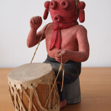 Vintage 1972 HOPI KACHINA DOLL 11&amp;quot; Carved Wood Figure, Mud Head Drummer, Native American Indian Folk Art mid-century modern eames era 