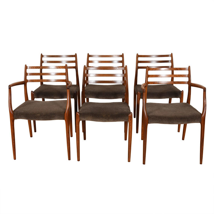 Set of 6 Niels M\u00f8ller Upholstered Dining Chairs 2 Arm (Model #62) + 4 Side (Model #78)