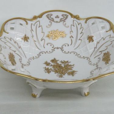 Reichenbach Pierced Lattice Gold Flowers Porcelain Footed Centerpiece Bowl 2494B