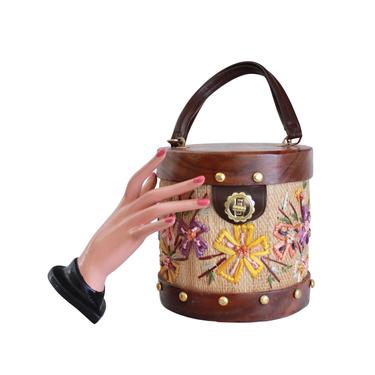 1960s Raffia Floral Wood Basket Purse - Vintage Raffia Straw Purse - Vintage Box Purse - Vintage Floral Handbag - Vintage Summer Handbag 