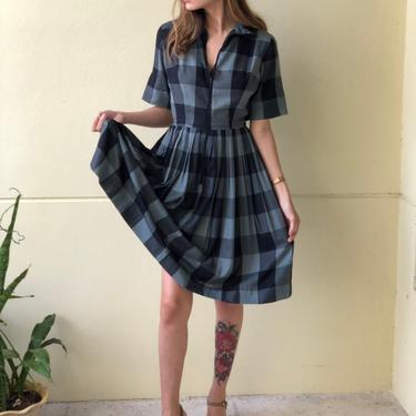 1960's Check Dress / Charcoal Gray and Black Cotton Daywear / Zip Front Fifties Dress / Full Skirt Nipped Waist Fit n Flare 