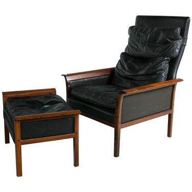 Hans Olsen Danish Rosewood and Leather High Back Lounge Chair and Ottoman