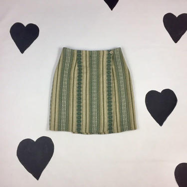 90's striped wrap side button mini skirt 1990's sage green vertical stripe woven tapestry cotton carpet blanket scarf wrap hourglass skirt L 
