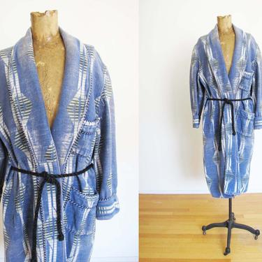 Vintage 40s 50s Blue Beacon Blanket Robe  - Southwestern Brent Beacon House Robe with Belt - Duster Coat  Shawl Collar  Geometric Diamond 