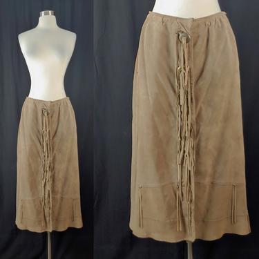Vintage Brown Suede Fringed Mid Length Skirt - Small Fringed Button Front Leather Skirt 