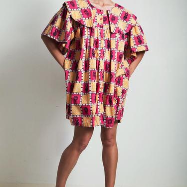 vintage 80s African print cotton mini tent dress yellow red EXTRA Large XL PLUS Size 1X 2X 3X 