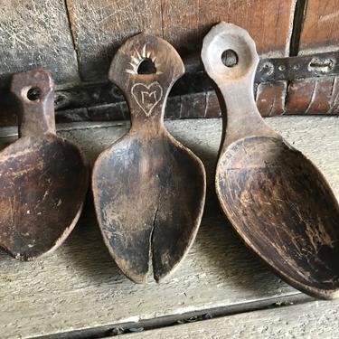 19th C French Wooden Spoon, Cheese Making, Pyrenees Primitive Skimming Spoons, Rustic French Farmhouse 