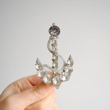 Vintage Anchor Pin, Czech Sparkly Rhinestone Pin of a Ship's Anchor 