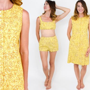 50s Yellow Bikini &amp; Coverup | 3 Piece Swim Set |  Yellow Print Cotton Bikini | Jantzen | XS 