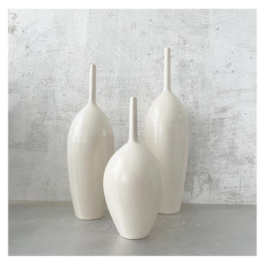 SHIPS NOW- Seconds Sale - set of 3 ceramic white bottle vases if off white matte by Sara Paloma Pottery. 