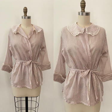 Antique Victorian Cotton Blouse Sheer Size Large Tattersall Check 