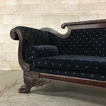 LOCAL PICKUP ONLY Vintage Velvet Couch Retro 1920's Carved Wood Frame with Navy Blue Printed Fabric and Scroll Armrests and Lions Feet 