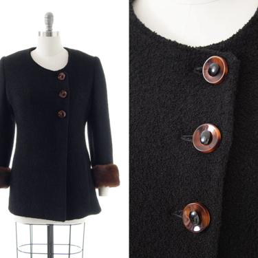 Vintage 1940s Coat | 40s Brown Mink Fur Cuffs &amp; Black Bouclé Wool Short Winter Jacket (small) 