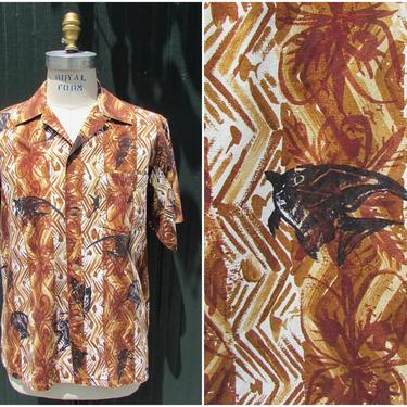 A FISH TALE Vintage 50s Shirt | 1950's Mens Cotton Tiki Hawaiian Surf Shirt w/ Fish &amp; Shell Print by Liberty House | Made in Hawaii | Medium 