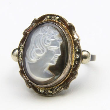 Vintage Silver &amp; Marcasite Cameo Ring Sz 8 Face Woman Retro Jewelry 