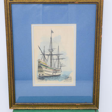 Vintage Ship Watercolor titled &amp;quot;Mayflower II&amp;quot; 