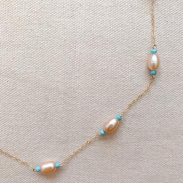 Blush Pearl Necklace with Turquoise Glass Seed Beads // freshwater pearls and 14k gold filled chain 