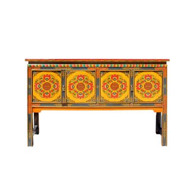 Tibetan Oriental Orange Red Floral Foyer Console Side Table cs5748S