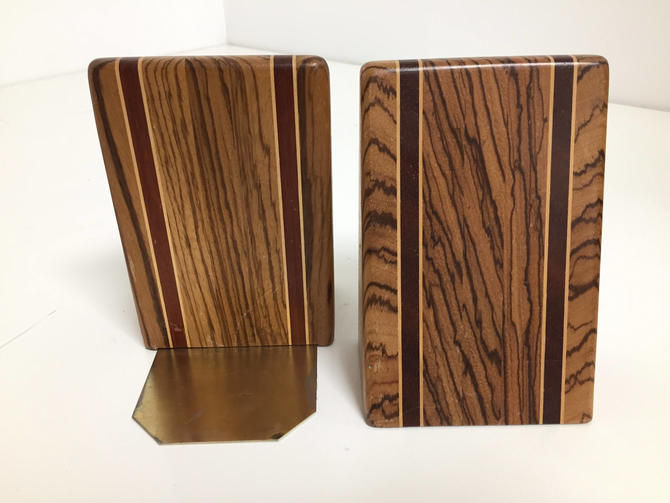Pair of mid century inlaid exotic wood bookends 