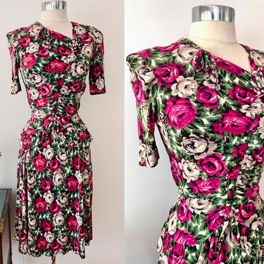 1940s Pink Floral Vintage Dress / 40s Asymmetrical Neckline Ruched Dress / Vintage Peplum Dress / 2/4 or XS 