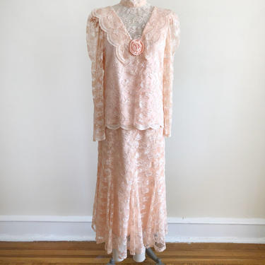 Peachy Pink Lace Matching Blouse and Skirt Set - 1980s 