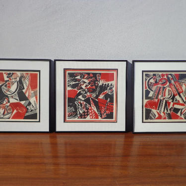 Set of 3 Framed Mid Century Art Lithograph Prints Midcentury Mod MCM Wall Art Decor Ukrainian Folk Painting 