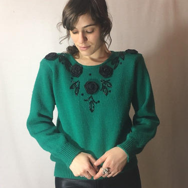 Vintage 1980s Appliqué Sweater | Black Rose Ribbon Detail Pullover, Beaded Floral Sweater, Dressy Holiday Knitwear, Medium | P’Galli Designs 