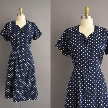 vintage 1950s dress | Navy Blue White Polka Dot Print Short Sleeve Cotton Day Dress | Large | 50s vintage dress 