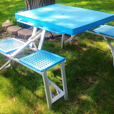 Blue Folding Picnic/Camping Table with Benches and a Carry Handle 
