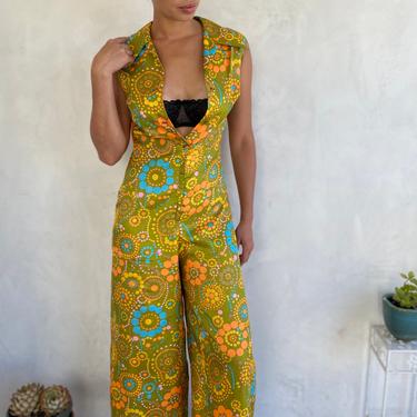 Psychedelic 1970’s Vintage Chartreuse Floral Print Wide-leg Jumpsuit &amp; Overshirt - Set - Small / Medium 
