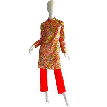 60s Dorian Metallic Pant Set / Vintage Gold Lame Dress Set / 1960s Mod Party Pantsuit Medium 